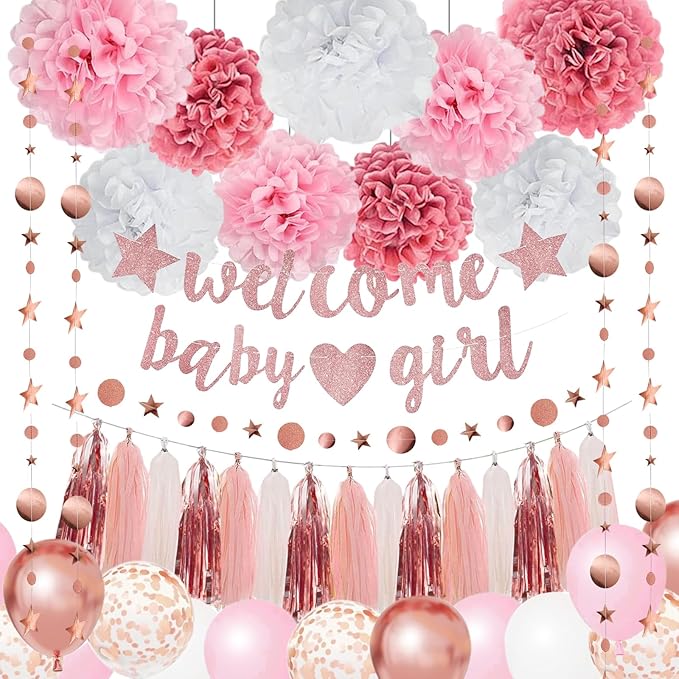 Pink Rose Gold Girl Baby Shower Decorations Welcome Baby Girl Banner, Pom Poms Flowers Tassels, Circle Dots Star Garland, Gender Reveal Birthday Party Supplies