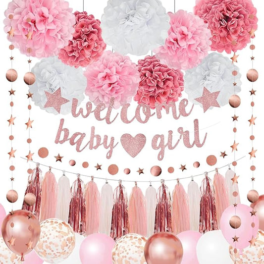 Pink Rose Gold Girl Baby Shower Decorations Welcome Baby Girl Banner, Pom Poms Flowers Tassels, Circle Dots Star Garland, Gender Reveal Birthday Party Supplies