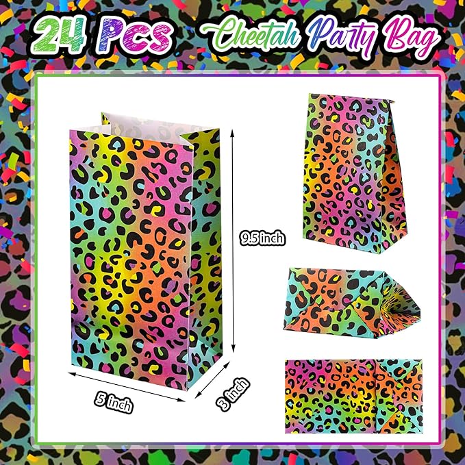 Leinuosen 24 Pcs Neon Rainbow Leopard Paper Bags Cheetah Birthday Party Favor Cheetah Paper Treat Bags for Leopard Birthday Bridal Shower Christmas Party Decorations