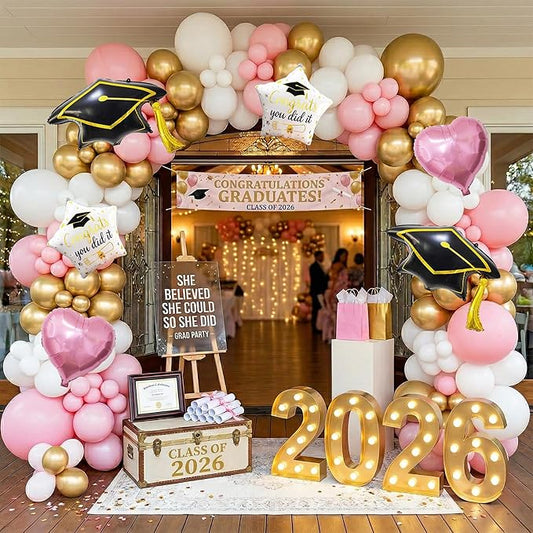 132PCS 2026 Pink Gold White Graduation Balloon Arch Kit Garland Decoration with Heart Star Graduation Cap Foil Balloons for Class of 2026 Girl Grad Party Prom Backdrop Decor