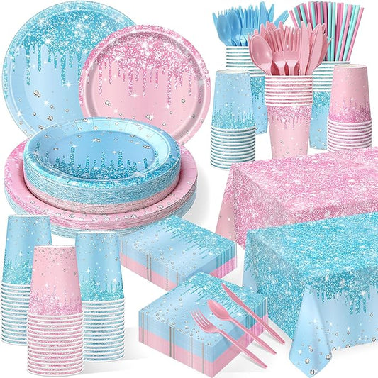 Potchen 452 Pcs Party Supplies Serve 50 Guests, Paper Plates Napkins Cups Cutlery Plastic Tablecloth Dinnerware for Birthday Wedding Party Decoration(Pink and Blue, Gender Reveal)