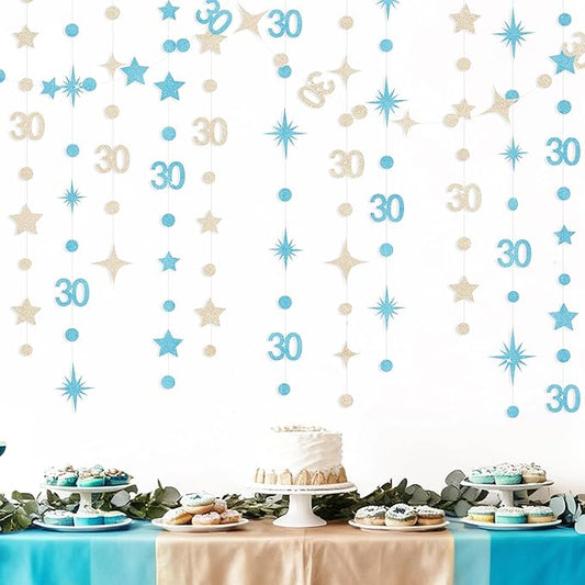 Champagne Gold Blue 30th Birthday Decorations Number 30 Circle Dot Star Garland Streamer Banner Backdrop for Women Men Dirty Thirty Cheers to 30 Years Old Birthday 30th Anniversary Party Supplies