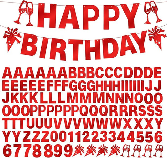 129Pcs Glitter Customizable Banner Kit DIY Custom Letter Banners Happy Birthday Letters 0-9 Numbers Anniversary Valentine's Day Personalized Banner Wedding Birthday Party Decoration Supplies(Shiny Red)