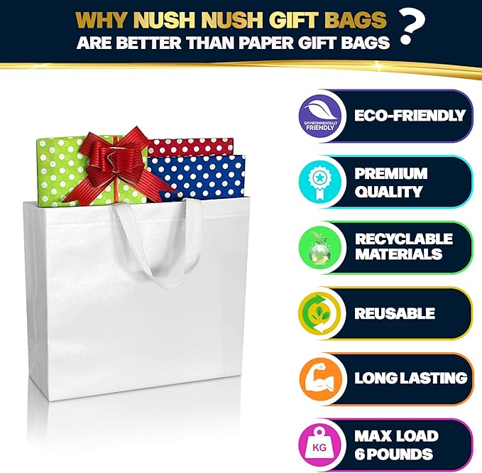 Nush Nush Large White Gift Bags Bulk - Set of 30 Reusable White Gift Bags Large Size With Handles - For Small Business Use, Wedding Gifts, Birthday Party Favor, Christmas, Holidays - 13x5x11 Size