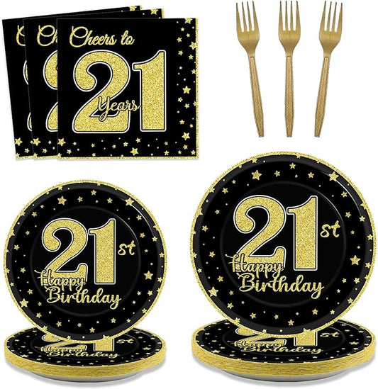 200 Pcs 21st Birthday Party Supplies Black Gold Paper Plates Cheers to 21 Years Paper Plates and Napkins Forks Disposable Black Gold Birthday Tableware Set for Kids 50 Guests Decorations Supplies