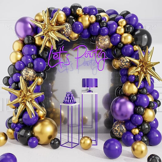 Purple Black Balloons Arch Garland Kit-Metallic Purple Balloon Metallic Gold Balloon Gold Star Foil 127Pcs for Graduation,Birthday,Easter,Baby Shower,Christmas,Engagement Party Decorations.