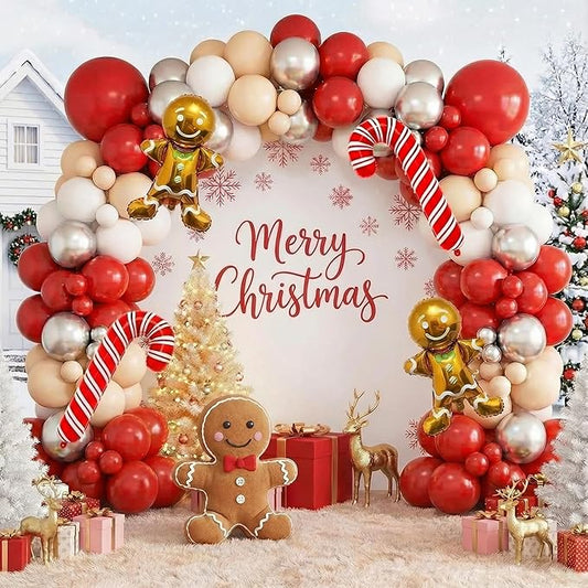 140PCS Christmas Balloon Arch Garland Kit with Red Nude White Silver Cane Gingerbread Man Balloons for Xmas Party Backdrop, Holiday Birthday Decorations, Winter or Snow Theme Baby Shower