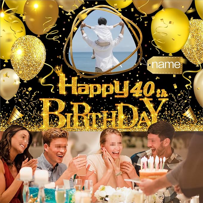 Dicodes Custom Black Gold Theme Birthday Banner for Party Happy Birthday Backdrop Decoration Supplies Personalized with Name and Photo
