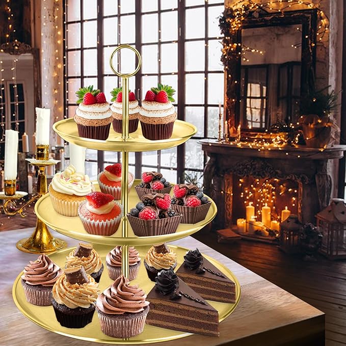 3 Tier Gold Cupcake Stand Stainless Steel Dessert Display Rack with Removable Tiered Tray for Parties,Weddings,Birthdays,Decorations,Any Festivals and Festivities(Stainless Steel Pole-2 Pack)