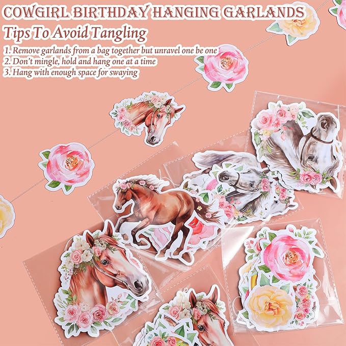 Daifunli 8 Pcs Cowgirl Party Decorations Pink Girl Horse First Birthday Hanging Garlands Watercolor Floral Rose Western Horse Paper Cutouts Streamers for Wild West Cowgirl Baby Shower Party Supplies
