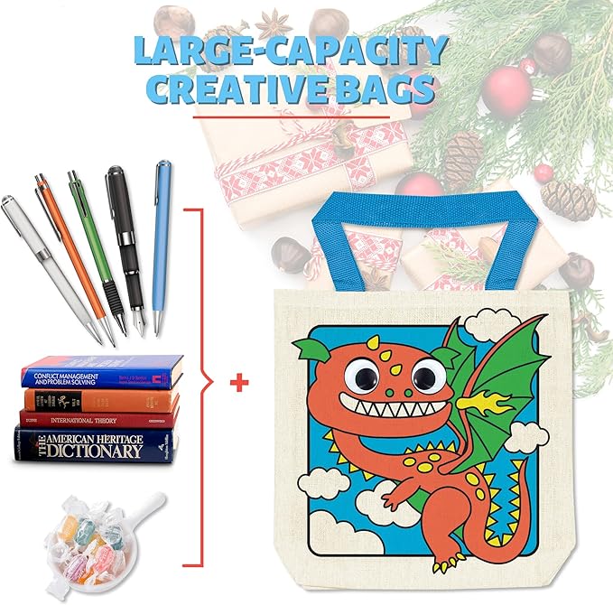6 Pieces Kids Coloring Goodie Bags, Reusable Canvas Bag, Cute Art Party Favors, Color Your Own Bags for DIY Painting Birthday Carnival Celebration, Party Supplies Gift, Boys