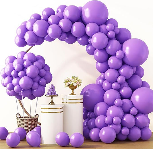RUBFAC Purple Balloons 129pcs, Lavender Lilac Purple Balloon Arch Kit, Different Sizes 18 12 10 5 Inch for Masquerade Party Decorations Engagement Bachelorette Birthday Bridal Baby Shower Supplies