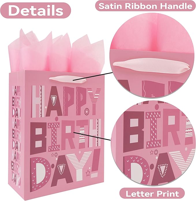 wishinside 13'' Large Happy Birthday Gift Bag Set with Handles, Greeting Card, Pink Tissue Papers and Stickers for Women Girls Kids Teens, Cartoon Design, 1 Pcs