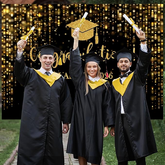 Mocsicka Class of 2026 Backdrop Black Gold Glitter Bokeh Graduation Party Background 2026 Congrats Grad Prom Party Cake Table Decoration Photo Booth Props (8x6ft)