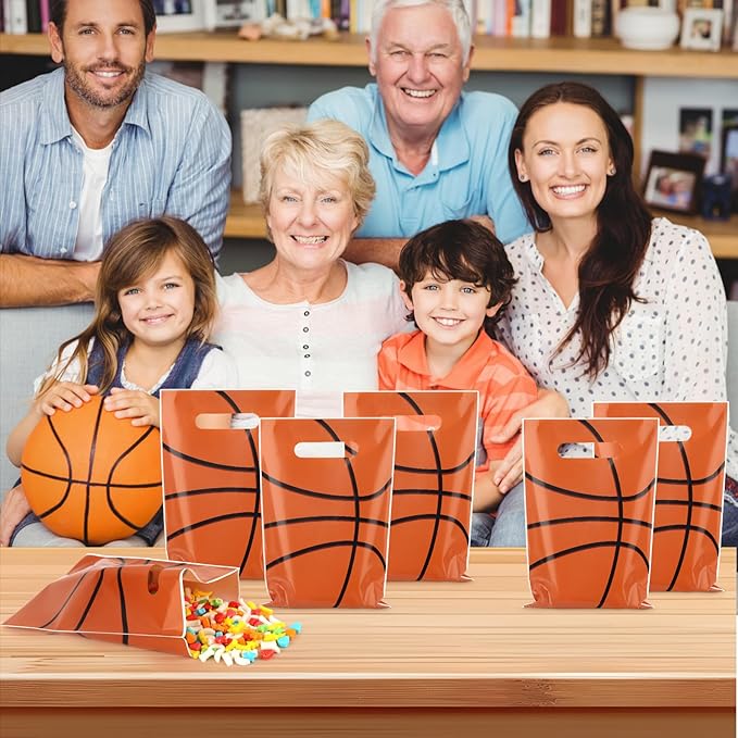 50 Pieces Basketball Gift Bags with Handle, Plastic Treat Candy Bag Sport Favor Bags For Kids Birthday Party Decoration Supplies