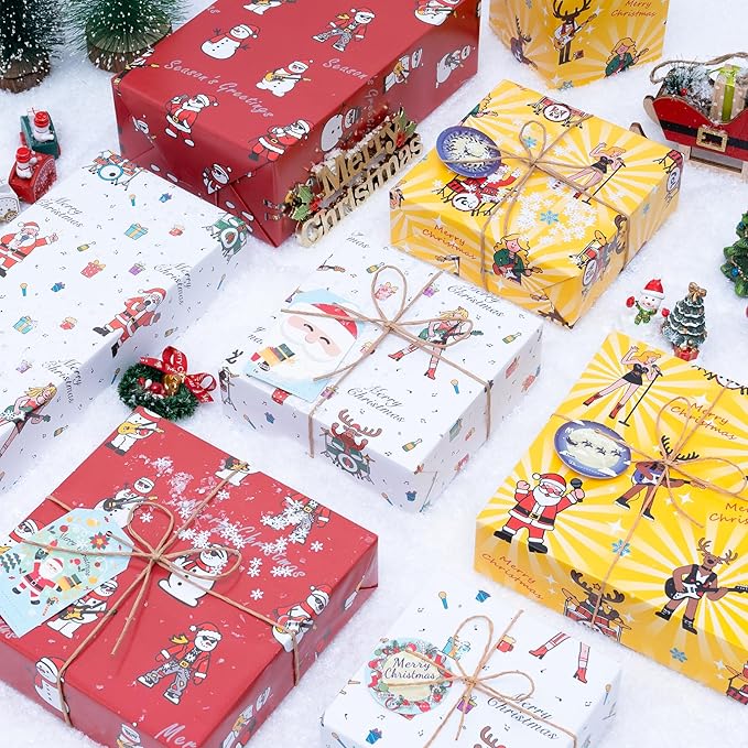 Larcenciel Music Christmas Gift Wrapping Paper Set with Xmas Gift Tags Twine & Tape, 6 Sheets Colorful Holiday Wrapping Paper, Rock Santa Snowman and Reindeer Design for Boy, Girly, Coworker, Friends