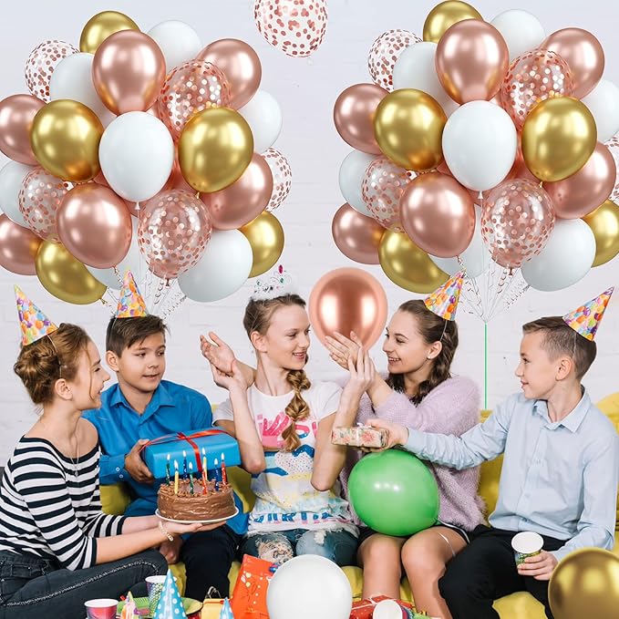 Biapian Rose Gold Balloons Set, 60PCS Rose Gold and Gold Birthday Balloons, 12 Inch Metallic Gold White Latex Balloons Rose Gold Confetti Balloons for Girls Women Birthday Baby Shower Wedding Supplies