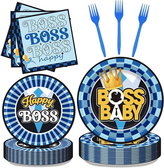 Boss Birthday Party Decorations - 96 Pcs Disposable Paper Dessert Plates Napkins Forks Tableware Set Blue Bosses Themed Supplies Favors for 1st 2nd 3rd Baby Kids Boys Serves 24 Guests