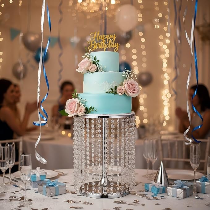 Wedding Cake Stand for Dessert Table 12 Inch Silver Crystal Pendants Metal Cake Stand Serves as A Round Dessert Cupcake Display Plate 16 Inch Tall (Silver)