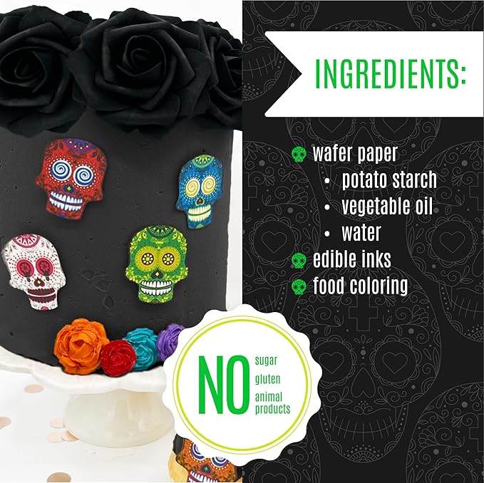 Large Edible Sugar Skulls Assorted Set of 12 - Wafer Cake & Cupcake Toppers - edible sugar skulls for cake decorating - Dia De Los Muertos & Halloween cupcake toppers