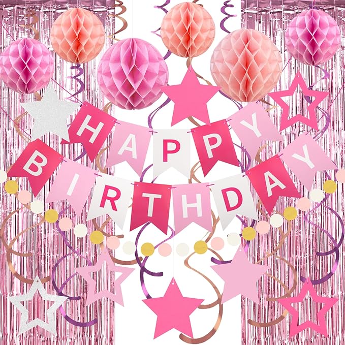 ZERODECO Birthday Decorations, Happy Birthday Banner with Paper Honeycomb, Star Hanging Swirl, Fringe Curtain, Garland, Birthday Party Decorations for Women Girls (Pink)