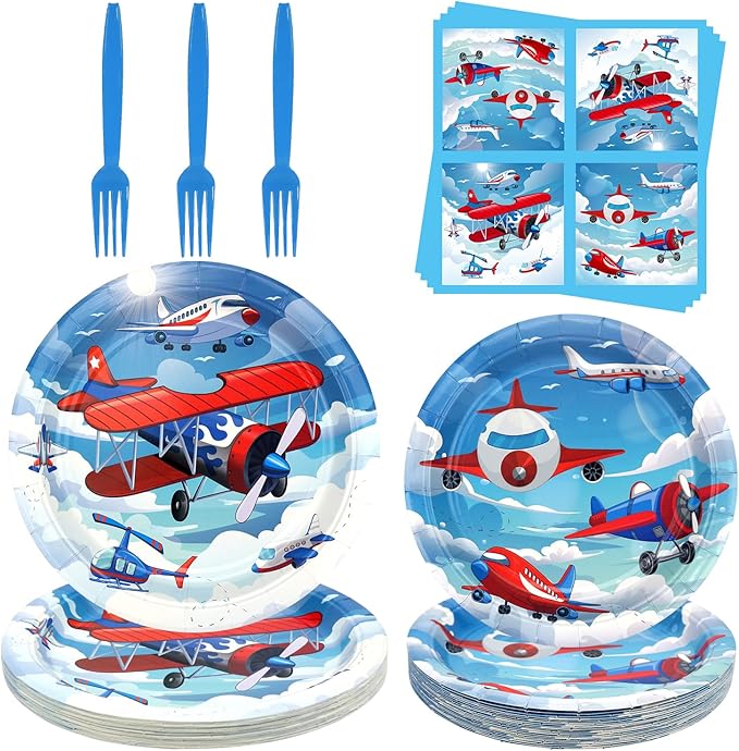 Airplane Party Supplies - Camping Party Tableware - Dinner Plates, Dessert Plates, Napkins, Forks for Plane Theme Party, Baby Shower Supplies, Serves 25