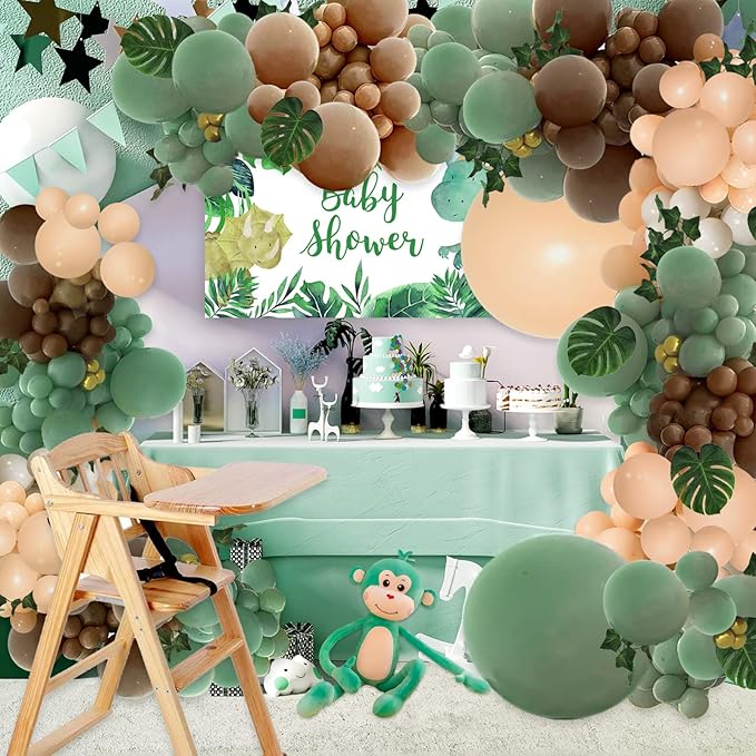 PERPAOL 148PCS Sage Green Brown Balloon Garland Kit, Jungle Safari Woodland Forest Wild One Camper Balloon Arch, Olive Green Gold Coffee Cocoa Balloons for Birthday Wedding Shower Party Decorations