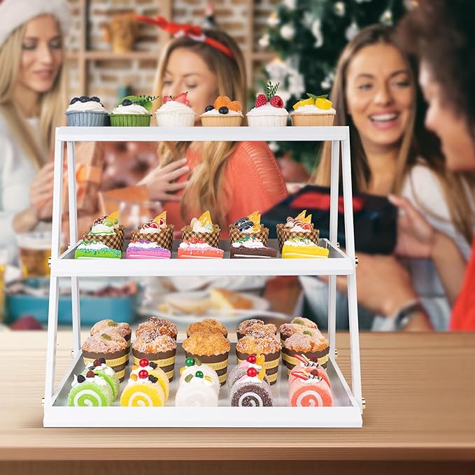 WWN Stainless Steel 3 Tier Cupcake Stand with Pink Coating - Elegant Dessert Tower- Cookie Tray Rack- Tea Party Serving Platter- Easy Assembly Pink Cake Stand for Wedding Baby Shower (crisp white)