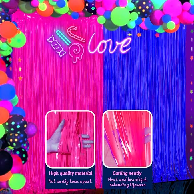 Glow in The Dark Party Supplies 2 Pack Neon Party Decorations Fluorescent Tinsel Foil Fringe Curtains Photo Booth Prop Backdrop Streamer Blacklight Decorations (Neon Hot Pink+Neon Light Blue)