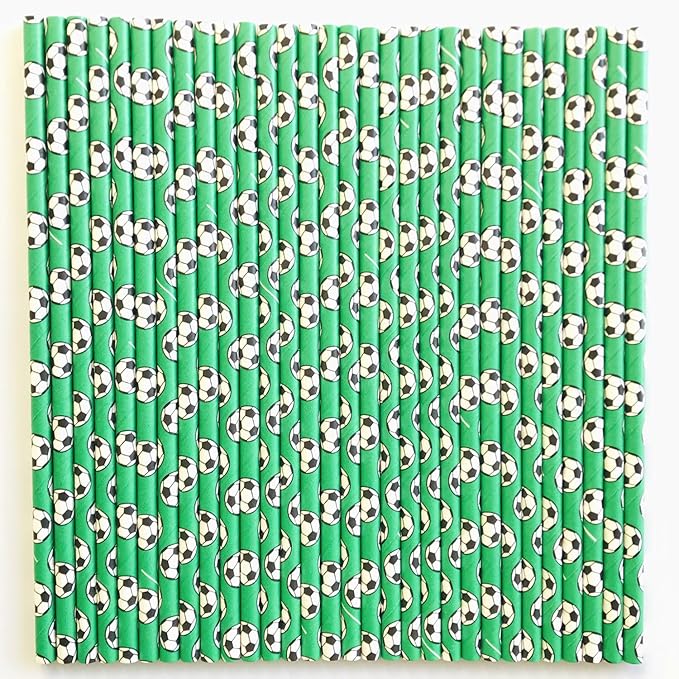 100 pcs Sports Party Paper Straws, Green Black White Soccer Football Bar Soda Juice Drinking Straws, Kids Boy Birthday Baby Shower Game Day World Cup Ball Cake Pop Sticks (Green With Soccer)