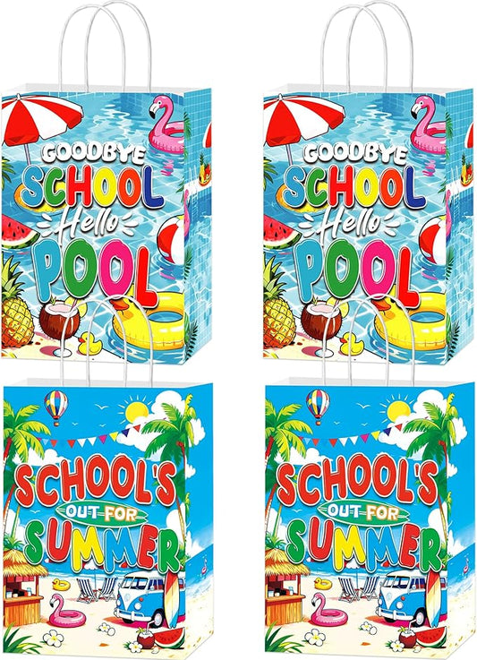 MOIZYNG 16PCS End of School Year Gift Bags, School’s Out for Summer Beach Pool Paper Snack Treat Candy Goodie Bags with Handles for Last Day of School Party Decorations