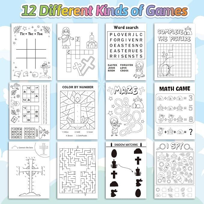 Easter Activity Books for Kids - 24Pcs He is Risen Mini Games Coloring Book Set Bulk Mazes Word Search Word Scramble Games for School Classroom Easter Spring Holiday Reward DIY Art Gifts Party Favors