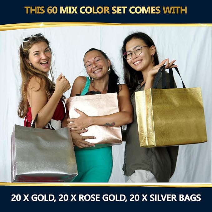 Nush Nush Set of 60 Mix Color Gift Bags In Bulk - 20 Rose Gold, 20 Silver, 20 Gold gift bags With Handles - For Small Business As Goodie Bags, Birthday Gift Bags Large Size, Party Favor Bags - 13X5X11