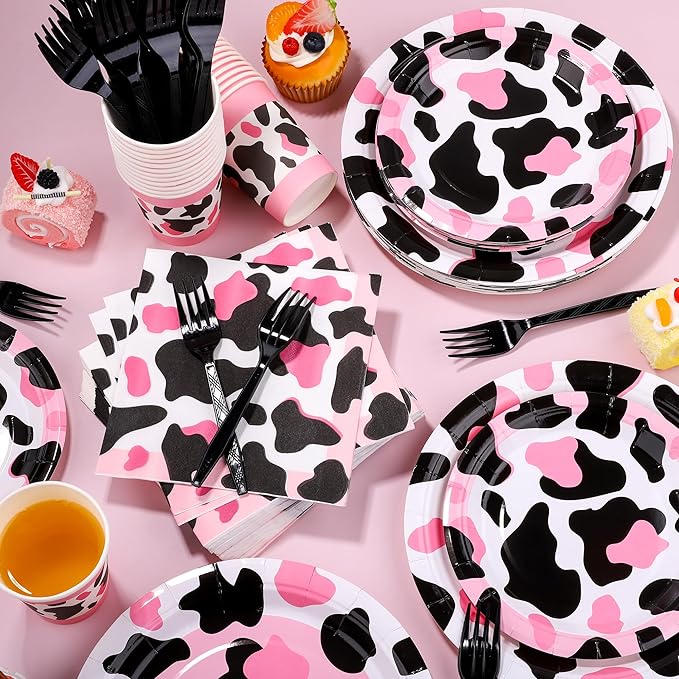 Kochorie 144 Pieces Pink Cow Print Party Tableware Sets Including Disposable Plates Napkins Cups Forks Serves 24 for Cow Theme Farm Animal Party Supplies