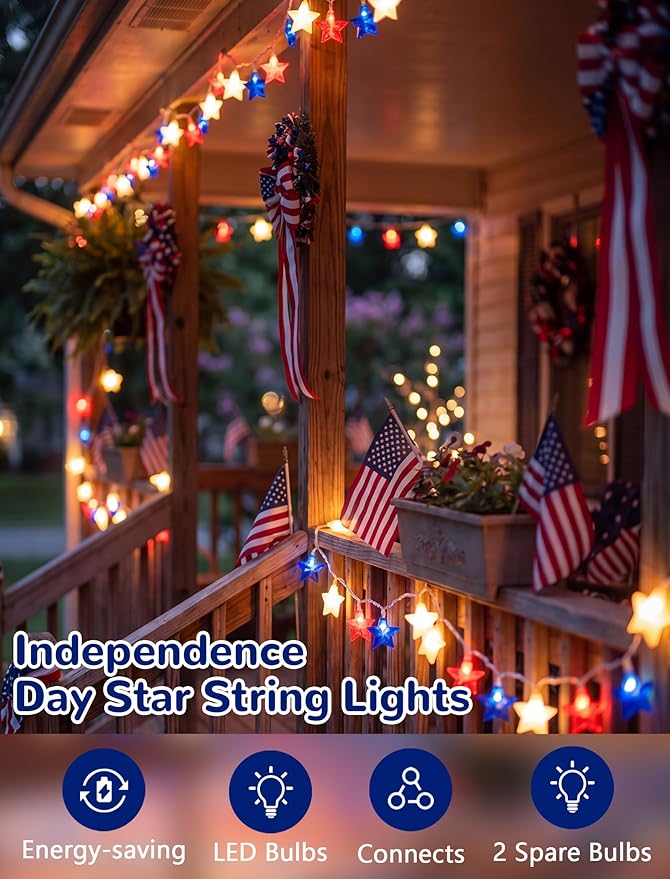 4th of July Decoration Lights, 12FT 20 LED Red White and Blue Star String Lights, Plug in Fairy Lights Waterproof Connectable for Indoor Outdoor Independence Day Decor