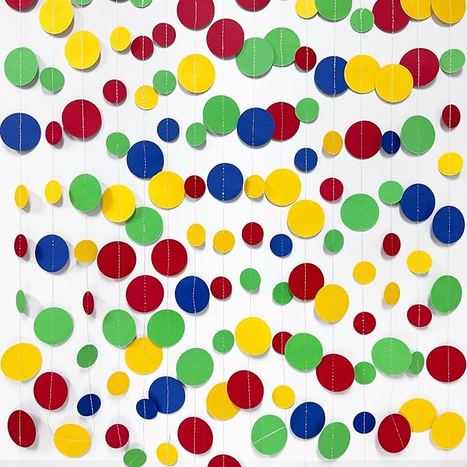Mario Party Decorations Circle Dot Garland Red Blue Yellow Green Hanging Paper Polka Dot Streamer for Birthday Baby Shower Wedding Bridal Shower Carnival Circus Clown Fiesta Party Supplies