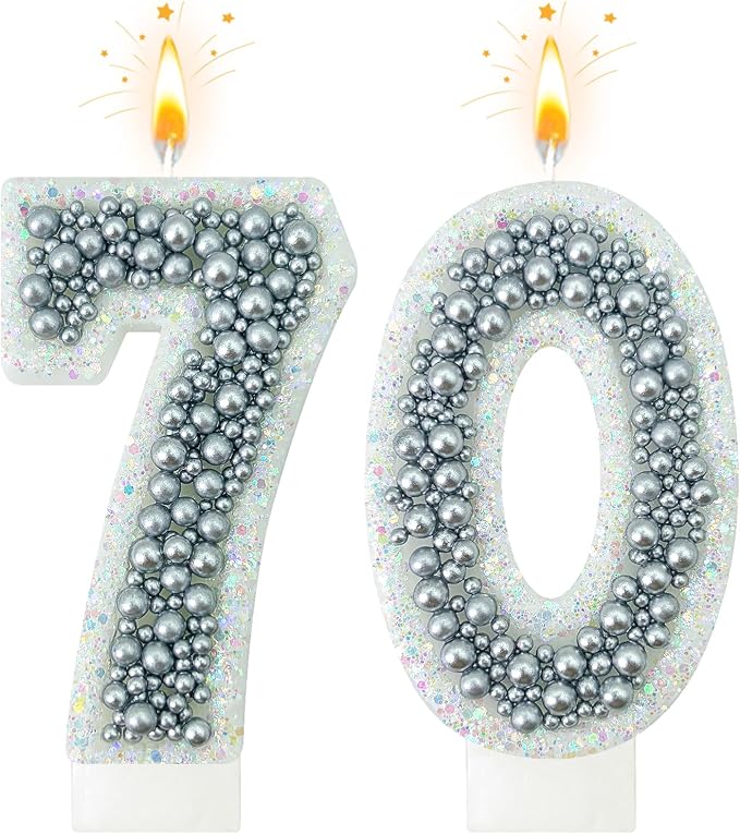 70 Birthday Number Candle for Cake, Glitter Number Candle with Silver Beads, Decorative Cake Topper for Milestone Celebrations