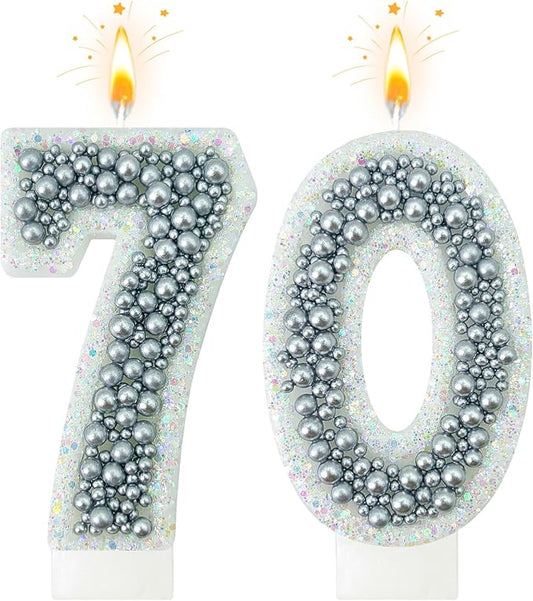 70 Birthday Number Candle for Cake, Glitter Number Candle with Silver Beads, Decorative Cake Topper for Milestone Celebrations