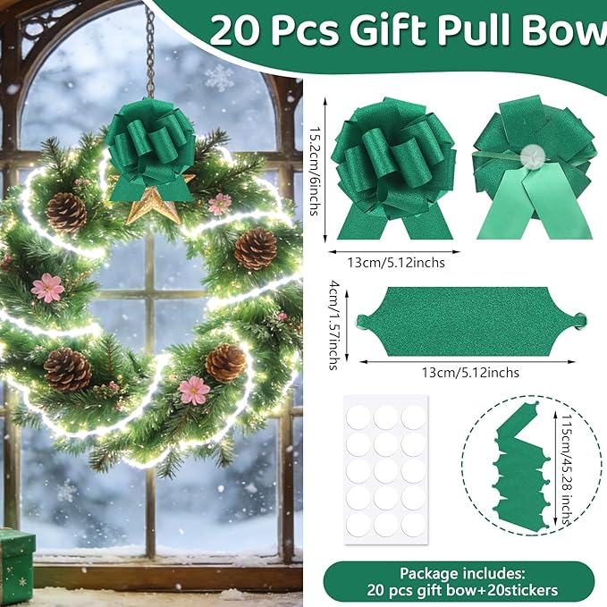 20 pcs Green Pull Bow for Gift Basket Wrapping Xmas Gift Bows Presents Adhesive Wrap Ribbon Bow for Christmas Tree Ornament Wine Bottles Bouquet Flower Valentine's Day Party Decor (Green-L)