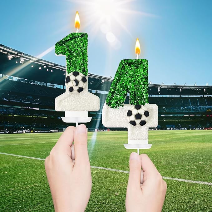 Soccer Birthday Candles Cake Topper for Girl and Boy, Wedding Cakes, Anniversaries, Party Celebrations, Birthday Decorations (Green White, 14)
