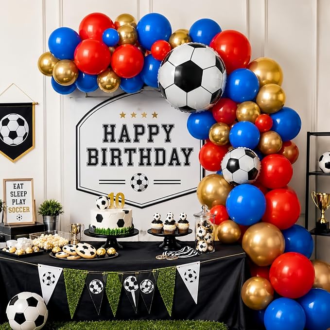 Soccer Balloons, 12 Inch Red and Blue Metallic Gold Latex Balloons with Soccer Ball 4D Foil Balloon for Boys Kids Sport Theme Birthday Decorations Football Lover Men Party Baby Shower Decor Supplies