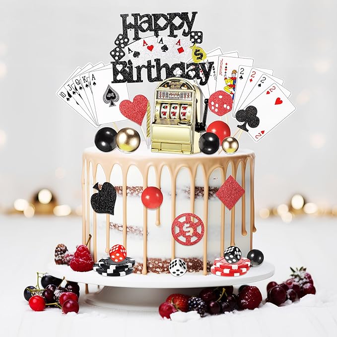Beeveer 42 Pcs Casino Cake Topper Decorations with Candles Poker Game Chips Player Happy Birthday Cake Pick Set for Las Vegas Scene Birthday Party Decoration