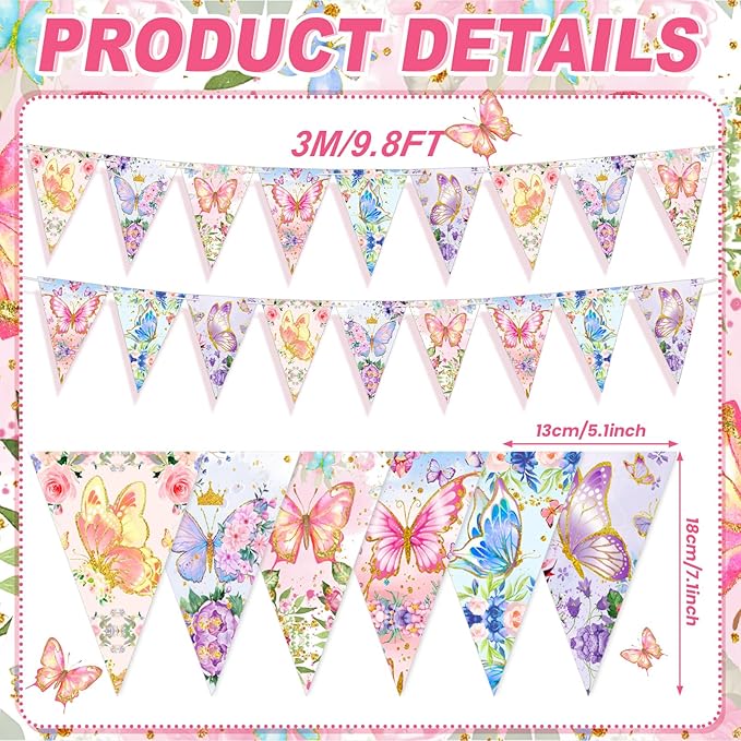 5 Pieces 49 ft Butterfly Birthday Banner Decorations Butterfly Party Supplies Paper Flower Pennant Triangle for Baby Shower Party Outdoor Decor