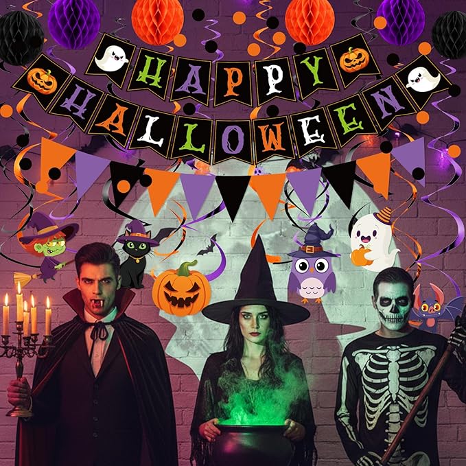 Clabby Halloween Party Decorations Kit Happy Halloween Banner Hanging Swirls Cutouts Triangle Flag Bunting Circle Confetti Dots Garland Black Orange Purple 3D Honeycomb Ball for Birthday Baby Shower