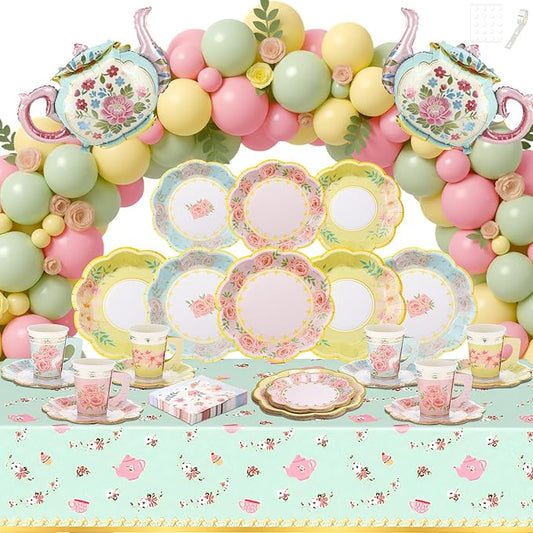 FoldTier 222 Pcs Tea Party Decorations and Supplies for 24 Guests, Floral Disposable 7" and 9" Paper Plates, Paper Cups, Napkins, Tablecloths, Balloons for Floral Birthday Party Wedding Baby Shower