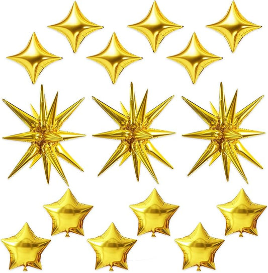 TONIFUL 22Inch 15Pcs Gold Large Explosion Star Mylar Balloons and 10Inch Four Pointed Star Balloons Set for Christmas New Year Birthday Wedding Bridal Shower Anniversary Photo Booth Supplies