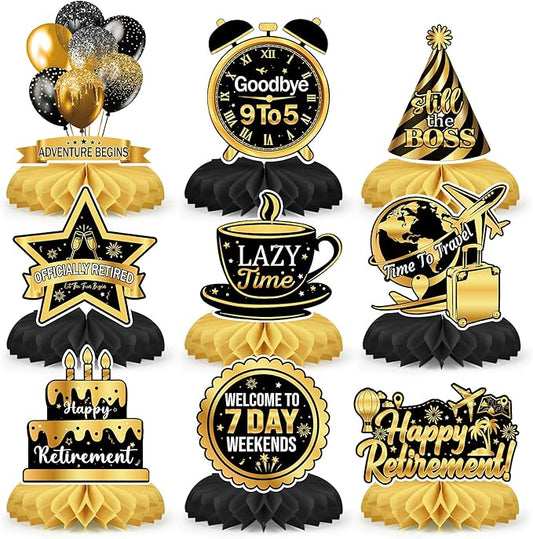 9 Pcs Retirement Party Decorations Honeycomb Centerpieces, Black Gold Happy Retirement Table Decorations, Funny Officially Retired Table Toppers for Men Women Party Supplies