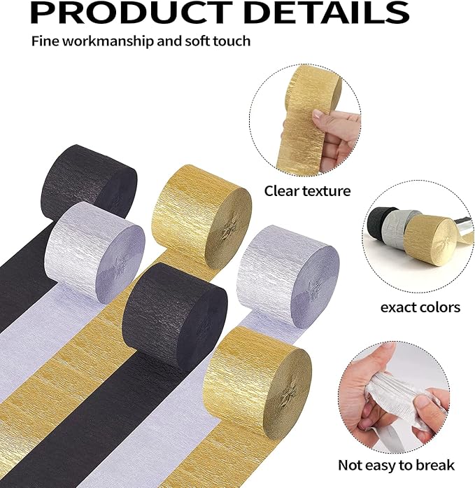 Crepe Paper Streamers 6 Rolls 492ft, Pack of 2 Gold, 2 Silver, 2 Black - Streamers Party Decorations Streamers (1.8 Inch x 82 Ft/Roll),for Party Decorations Birthday Decorations, Wedding Decorations