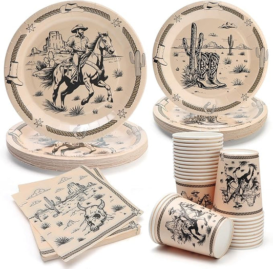 96Pcs Western Cowboy Disposable Tableware Set Cowboy Ranch Bachelorette 7"&9" Plates and Napkins and Cups for 24 Guest Kid Birthday Picnic Party Table Supplies Decorations