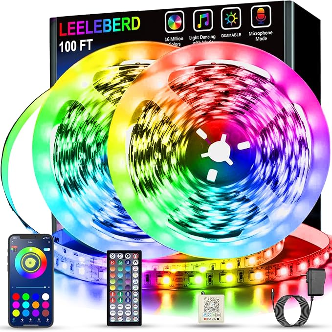 Leeleberd Led Lights for Bedroom 100 ft (2 Rolls of 50ft) Music Sync Color Changing RGB Led Strip Lights with Remote App Control Bluetooth Led Strip, Lights for Room Home Kitchen Party Decor